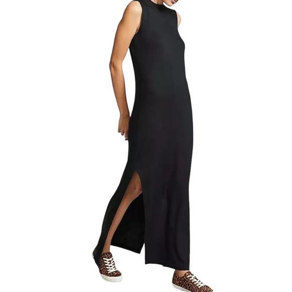 BLDWN Abbot Dress Black Sleeveless Cozy Maxi Dress Crewneck Cotton Slits Size XS - Picture 2 of 11